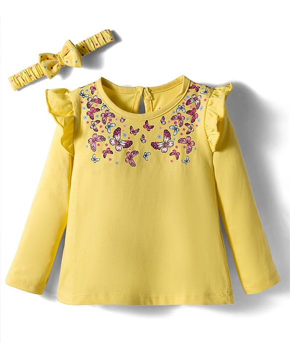 Babyhug 100% Cotton Knit Top & Hairband with Butterfly Print & Frill Detailing - Yellow