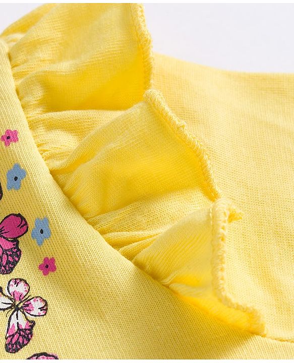 Babyhug 100% Cotton Knit Top & Hairband with Butterfly Print & Frill Detailing - Yellow