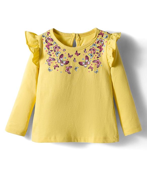 Babyhug 100% Cotton Knit Top & Hairband with Butterfly Print & Frill Detailing - Yellow