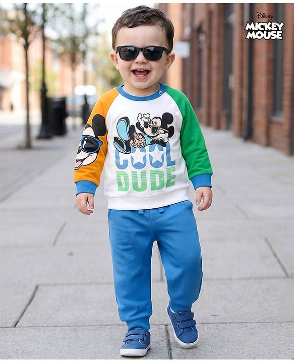 Babyhug Disney Terry Knit Full Raglan Sleeves Sweatshirt and Joggers Set with Mickey Mouse Graphics - Blue