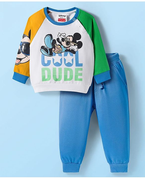 Babyhug Disney Terry Knit Full Raglan Sleeves Sweatshirt and Joggers Set with Mickey Mouse Graphics - Blue