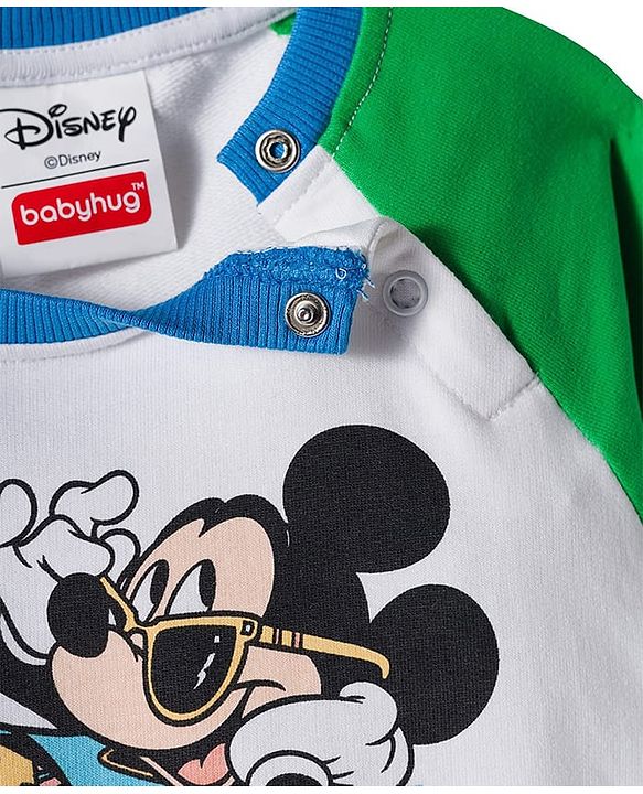 Babyhug Disney Terry Knit Full Raglan Sleeves Sweatshirt and Joggers Set with Mickey Mouse Graphics - Blue