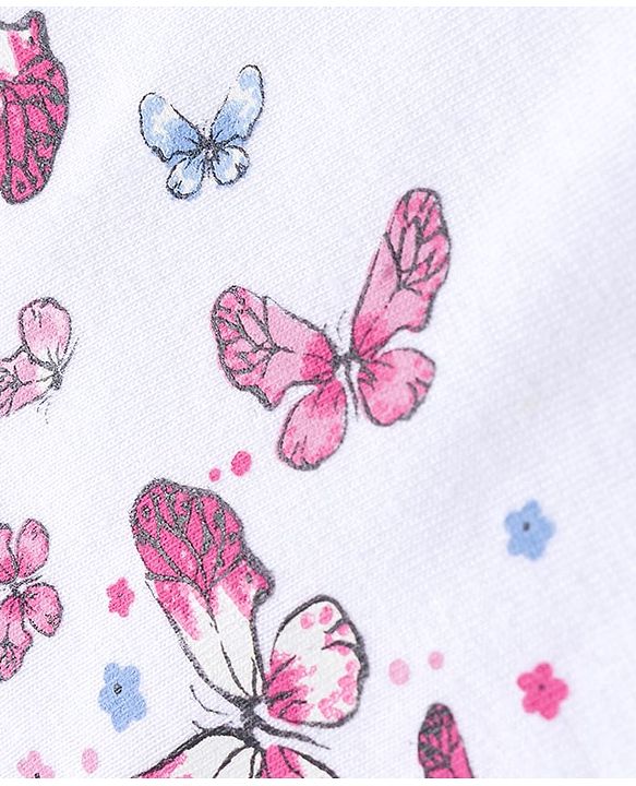 Babyhug 100% Cotton Knit Top & Hairband with Butterfly Print & Frill Detailing - White