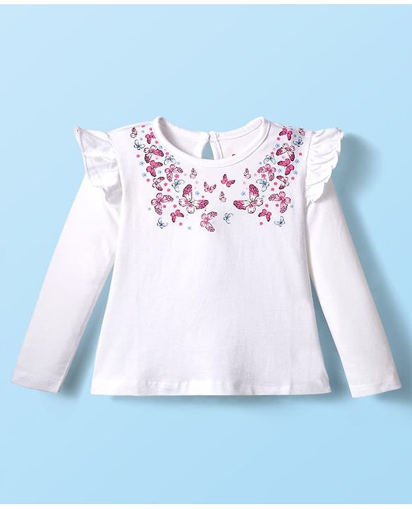 Babyhug 100% Cotton Knit Top & Hairband with Butterfly Print & Frill Detailing - White