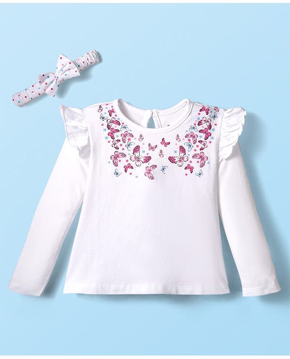 Babyhug 100% Cotton Knit Top & Hairband with Butterfly Print & Frill Detailing - White