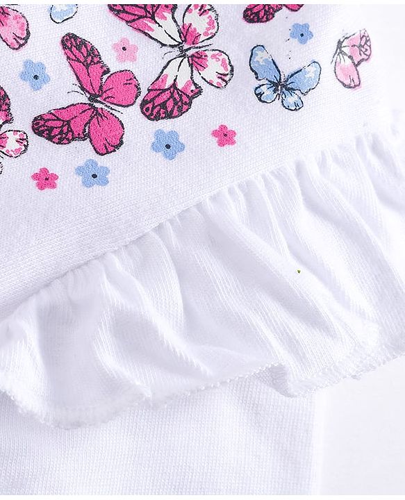 Babyhug 100% Cotton Knit Top & Hairband with Butterfly Print & Frill Detailing - White