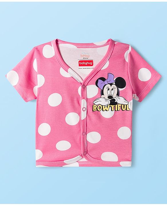 Babyhug Disney Interlock Knit Half Sleeves Front Open Jhablas With Minnie Mouse & Family Graphics Pack Of 3 - Purple Pink & White
