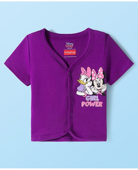 Babyhug Disney Interlock Knit Half Sleeves Front Open Jhablas With Minnie Mouse & Family Graphics Pack Of 3 - Purple Pink & White