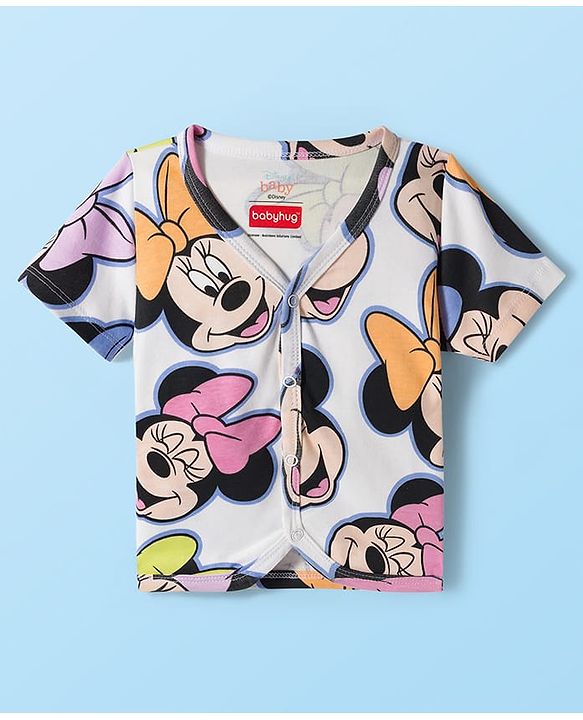 Babyhug Disney Interlock Knit Half Sleeves Front Open Jhablas With Minnie Mouse & Family Graphics Pack Of 3 - Purple Pink & White