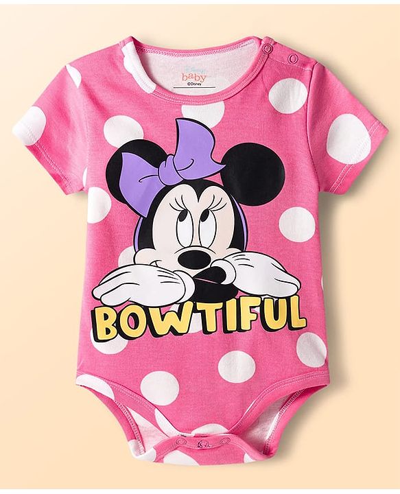 Babyhug Disney Interlock Knit Half Sleeves Onesies with Minnie Mouse & Family Graphics Pack of 3 - White Purple & Pink