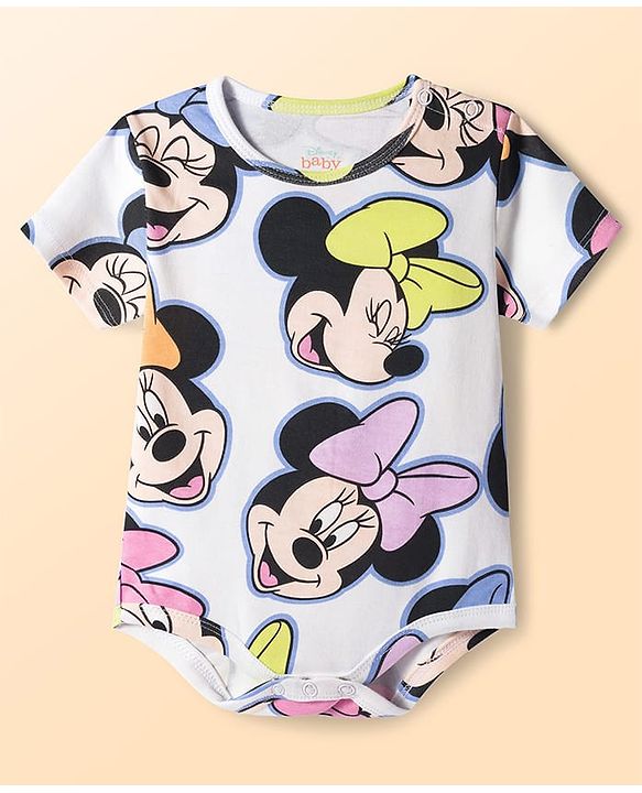 Babyhug Disney Interlock Knit Half Sleeves Onesies with Minnie Mouse & Family Graphics Pack of 3 - White Purple & Pink