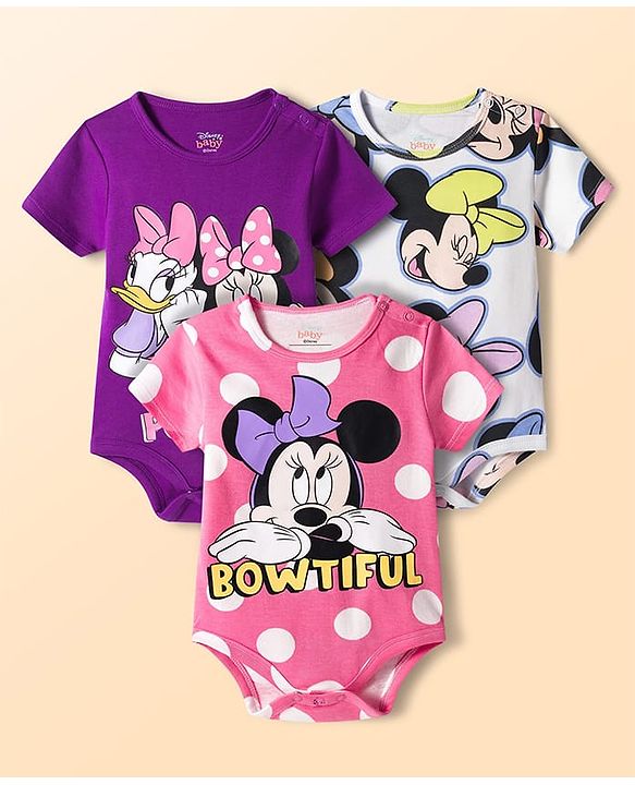 Babyhug Disney Interlock Knit Half Sleeves Onesies with Minnie Mouse & Family Graphics Pack of 3 - White Purple & Pink