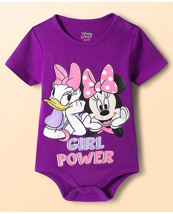 Babyhug Disney Interlock Knit Half Sleeves Onesies with Minnie Mouse & Family Graphics Pack of 3 - White Purple & Pink