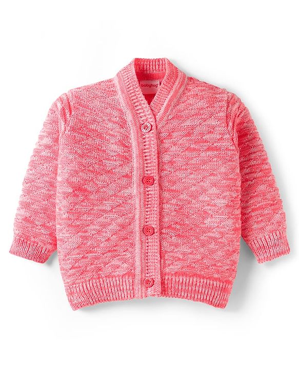 Babyhug Knit Full Sleeves Front Open Solid Coloured Sweater Set With Cap & Booties - Pink