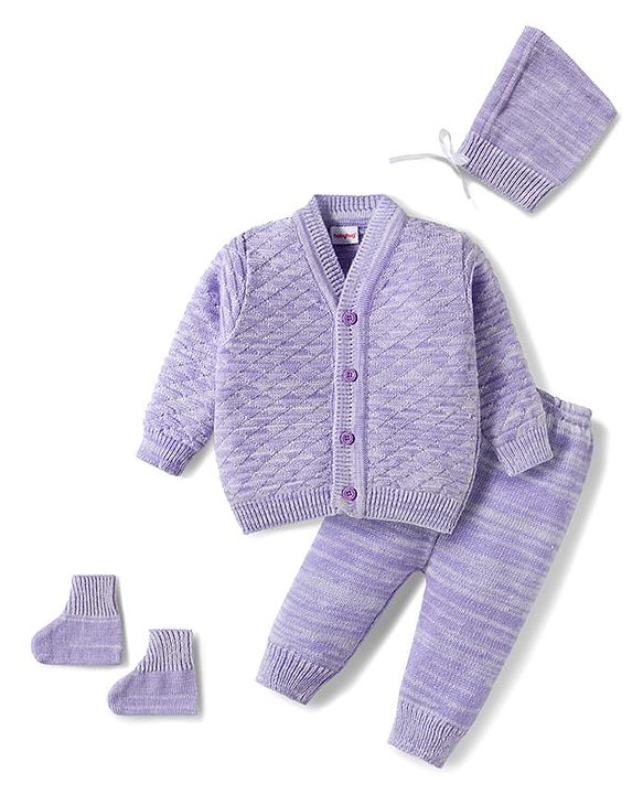Babyhug Knitted Full Sleeves Solid Sweater Set With Cap & Booties - Purple