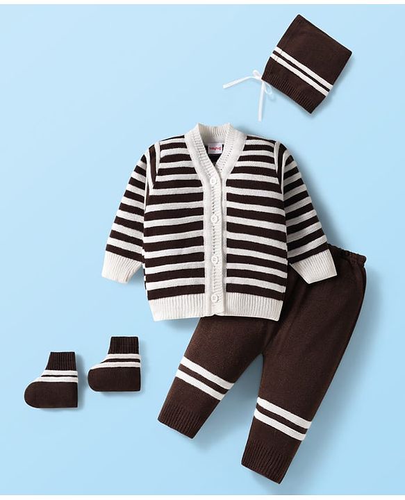 Babyhug Knitted Full Sleeves Striped Front Open Sweater Set With Cap & Booties - Brown & White