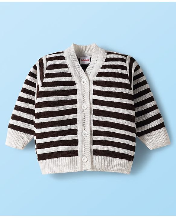 Babyhug Knitted Full Sleeves Striped Front Open Sweater Set With Cap & Booties - Brown & White