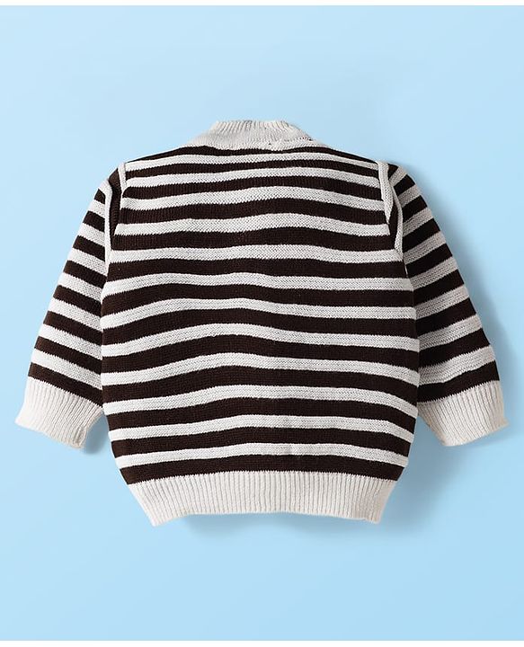 Babyhug Knitted Full Sleeves Striped Front Open Sweater Set With Cap & Booties - Brown & White