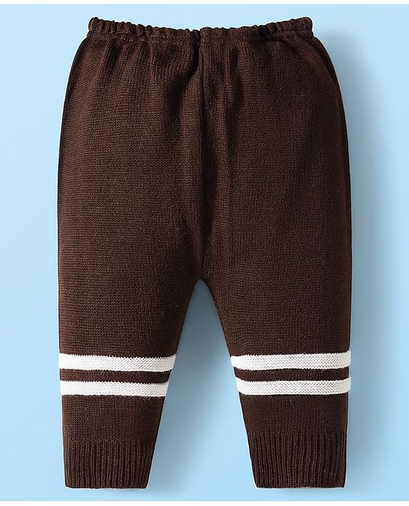Babyhug Knitted Full Sleeves Striped Front Open Sweater Set With Cap & Booties - Brown & White