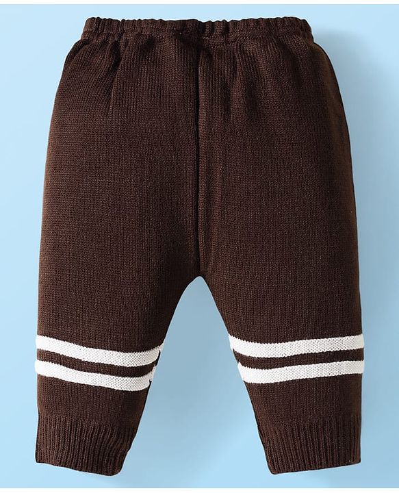 Babyhug Knitted Full Sleeves Striped Front Open Sweater Set With Cap & Booties - Brown & White