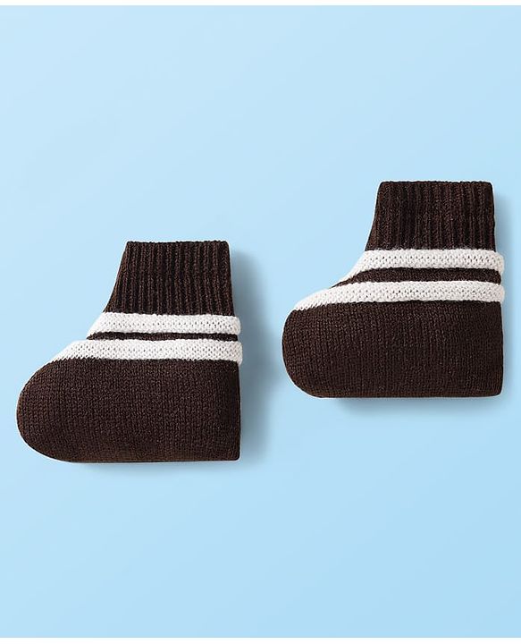 Babyhug Knitted Full Sleeves Striped Front Open Sweater Set With Cap & Booties - Brown & White