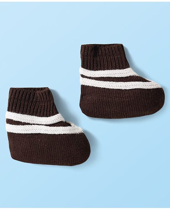 Babyhug Knitted Full Sleeves Striped Front Open Sweater Set With Cap & Booties - Brown & White