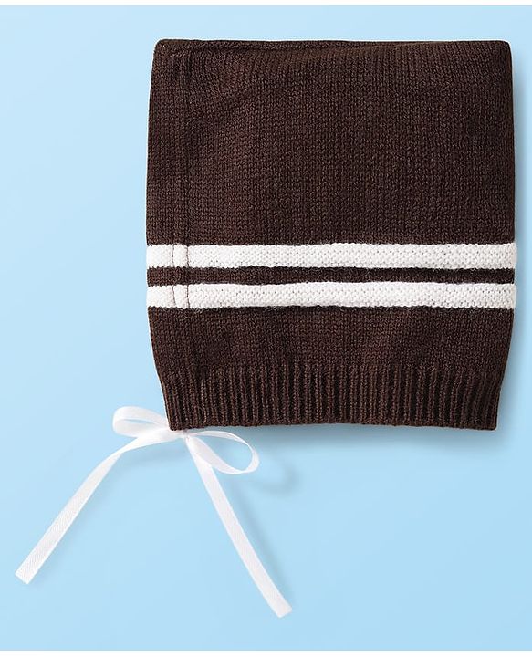 Babyhug Knitted Full Sleeves Striped Front Open Sweater Set With Cap & Booties - Brown & White