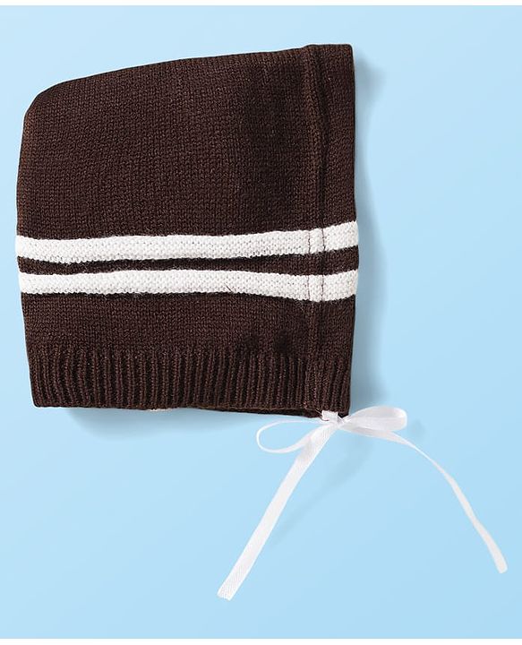 Babyhug Knitted Full Sleeves Striped Front Open Sweater Set With Cap & Booties - Brown & White