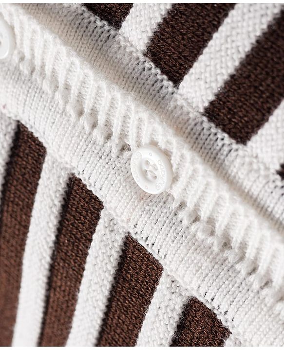 Babyhug Knitted Full Sleeves Striped Front Open Sweater Set With Cap & Booties - Brown & White