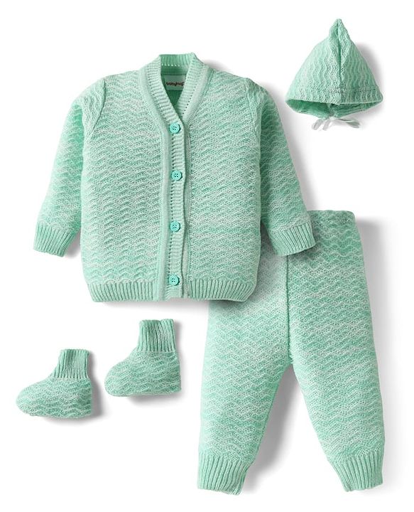Babyhug Knit Full Sleeves Solid Color Front Open Sweater Set with Cap & Booties - Sea Green