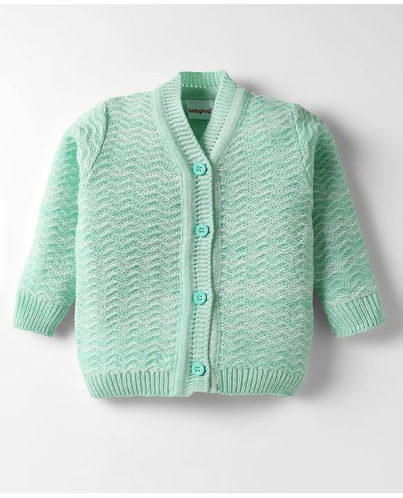 Babyhug Knit Full Sleeves Solid Color Front Open Sweater Set with Cap & Booties - Sea Green