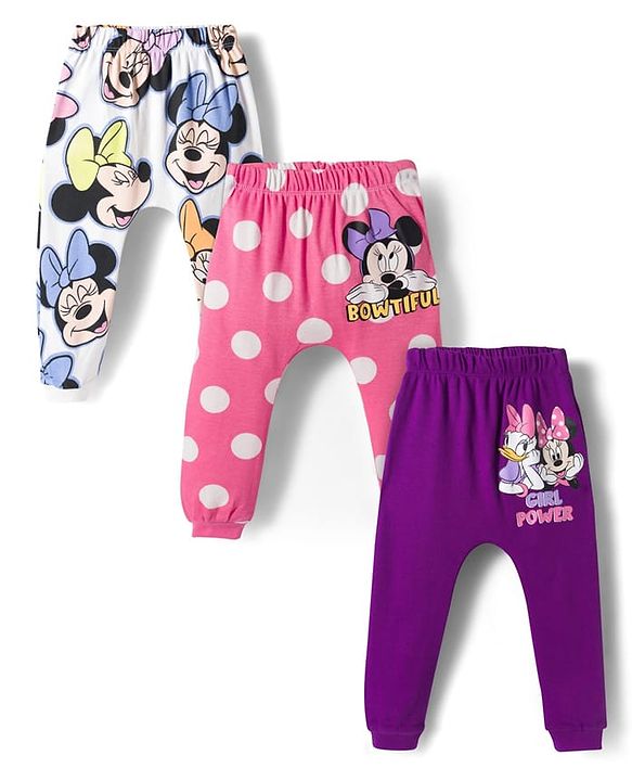 Babyhug Disney Interlock Knit Full Length Diaper Leggings With Minnie Mouse & Family Graphics Pack of 3 - White Pink & Purple