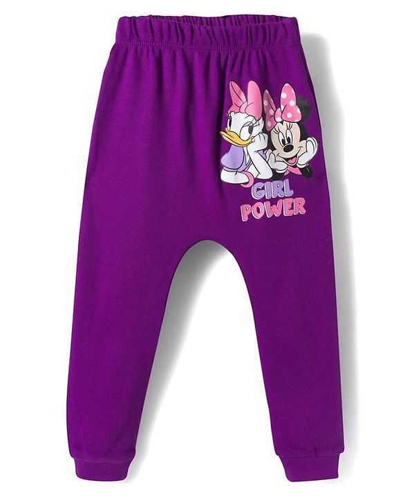 Babyhug Disney Interlock Knit Full Length Diaper Leggings With Minnie Mouse & Family Graphics Pack of 3 - White Pink & Purple