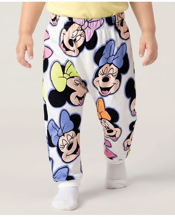 Babyhug Disney Interlock Knit Full Length Diaper Leggings With Minnie Mouse & Family Graphics Pack of 3 - White Pink & Purple