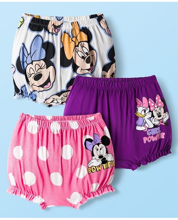 Babyhug Disney Single Jersey Knit Bloomers With Minnie Mouse & Family Print Pack of 3 - Pink Purple & White