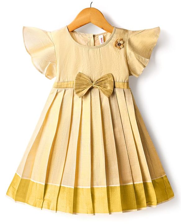 Babyhug South Cotton Woven Half Flutter Sleeves Pleated Ethnic Dress With Bow & Corsage - Off White