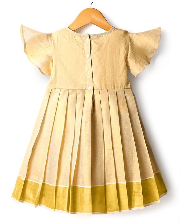 Babyhug South Cotton Woven Half Flutter Sleeves Pleated Ethnic Dress With Bow & Corsage - Off White