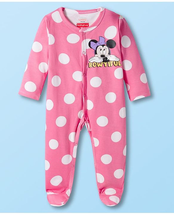 Babyhug Disney Interlock Knit Full Sleeves Footed Sleepsuit With Minnie Mouse & Family Print - Pink