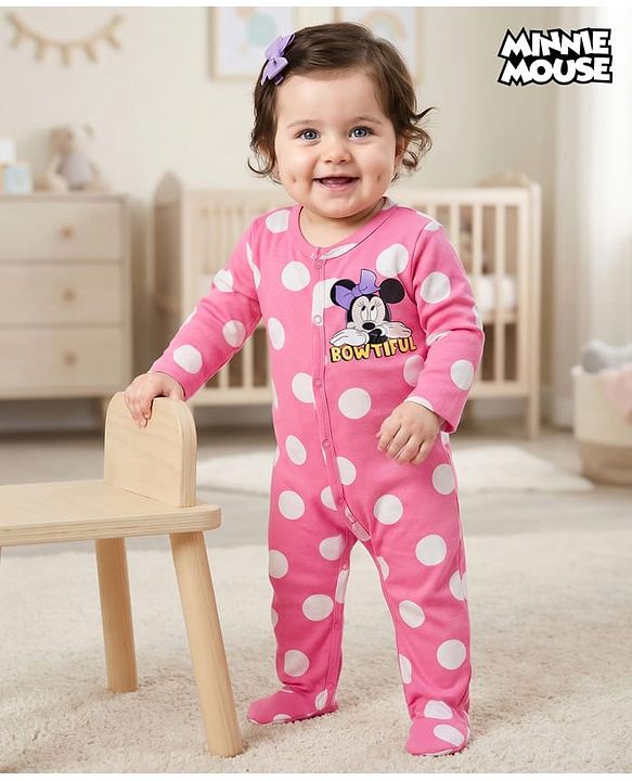 Babyhug Disney Interlock Knit Full Sleeves Footed Sleepsuit With Minnie Mouse & Family Print - Pink