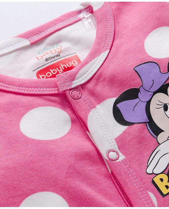 Babyhug Disney Interlock Knit Full Sleeves Footed Sleepsuit With Minnie Mouse & Family Print - Pink