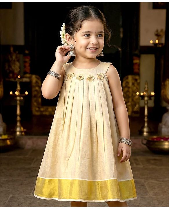 Babyhug South Cotton Woven Sleeveless Pleated Ethnic Dress With Floral Applique - Off-White