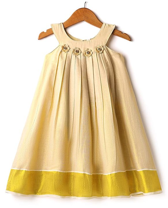 Babyhug South Cotton Woven Sleeveless Pleated Ethnic Dress With Floral Applique - Off-White