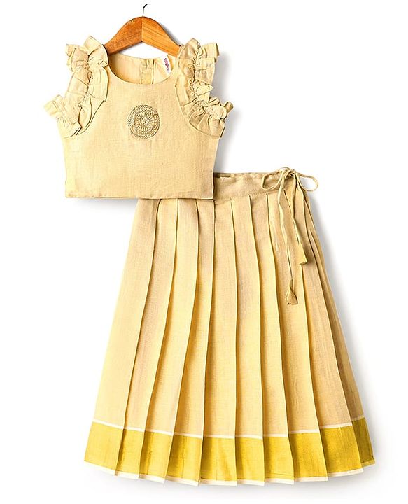 Babyhug South Cotton Woven Sleeveless Choli & Pleated Lehenga Set With Embroidery & Frill Detailing - Off-White