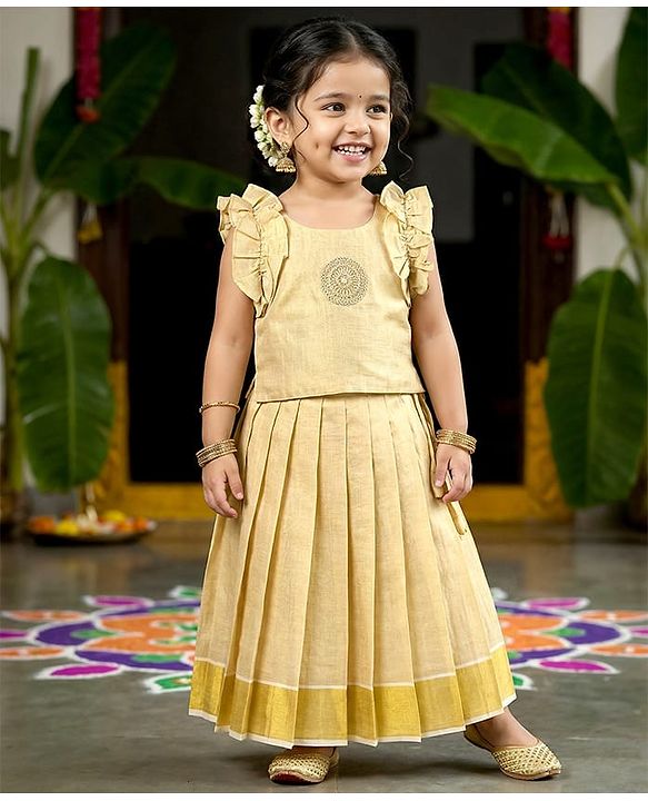 Babyhug South Cotton Woven Sleeveless Choli & Pleated Lehenga Set With Embroidery & Frill Detailing - Off-White