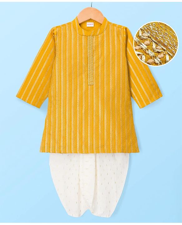 Babyhug Woven Full Sleeves  Kurta Dhoti Set with Embroidered Neck & Self Design - Mustard