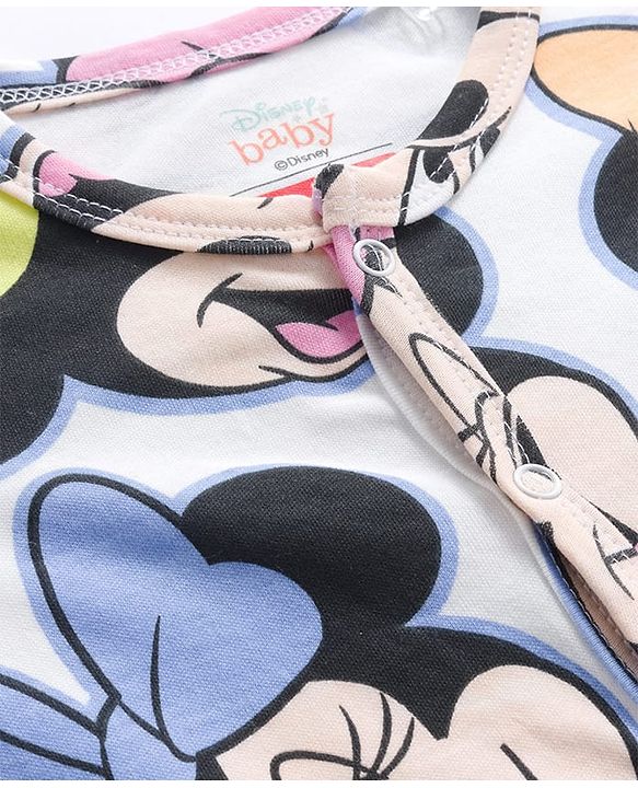 Babyhug Disney Interlock Knit Full Sleeves Sleepsuit With Minnie Mouse & Family - White