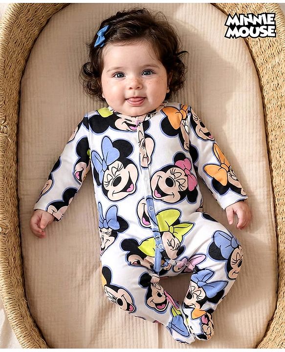 Babyhug Disney Interlock Knit Full Sleeves Sleepsuit With Minnie Mouse & Family - White