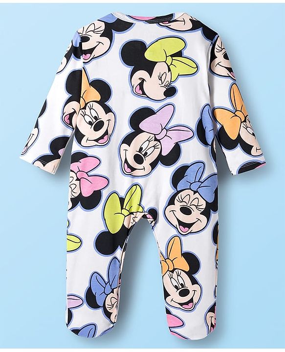 Babyhug Disney Interlock Knit Full Sleeves Sleepsuit With Minnie Mouse & Family - White