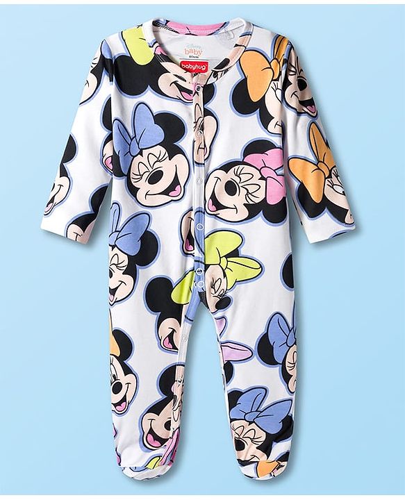 Babyhug Disney Interlock Knit Full Sleeves Sleepsuit With Minnie Mouse & Family - White
