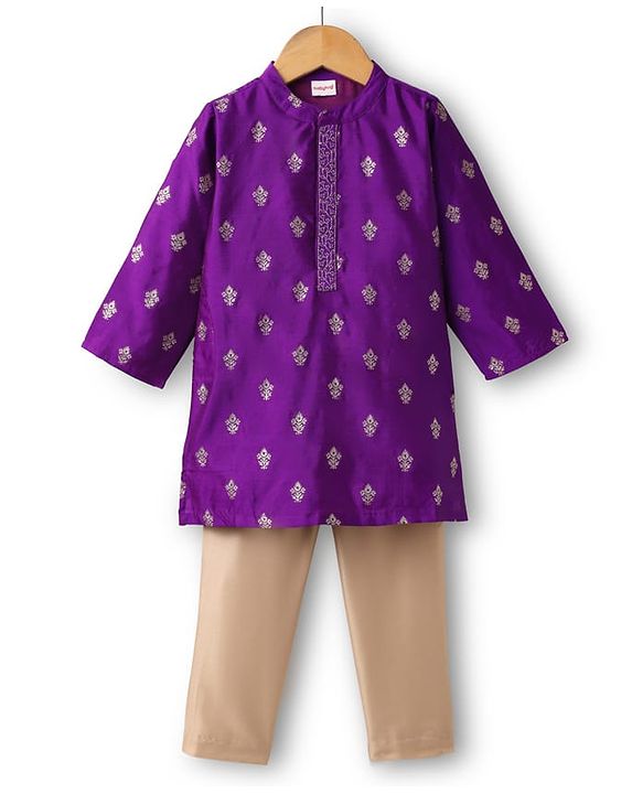 Babyhug Woven Full Sleeves Kurta Pajama Set with Floral Embroidery - Purple